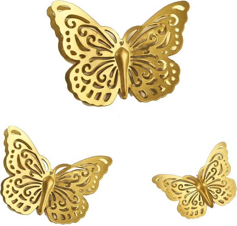 Remenna Gold Finish Metal Butterflies Wall Art Set of 3 Metal Wall Decor Butterfly Hanging Decor for Bedroom Bathroom Living Room Garden Kitchen - Image 1